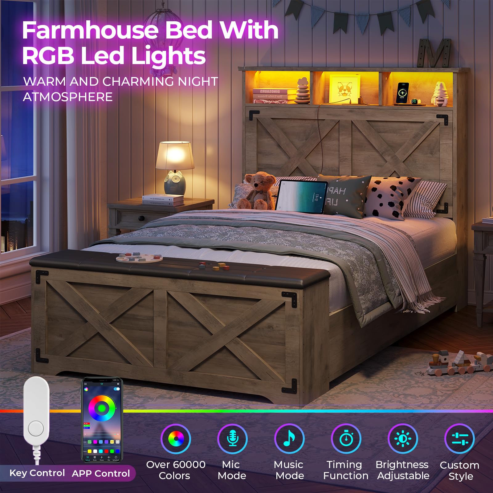 Twin Bed Frame with Storage and LED Lights