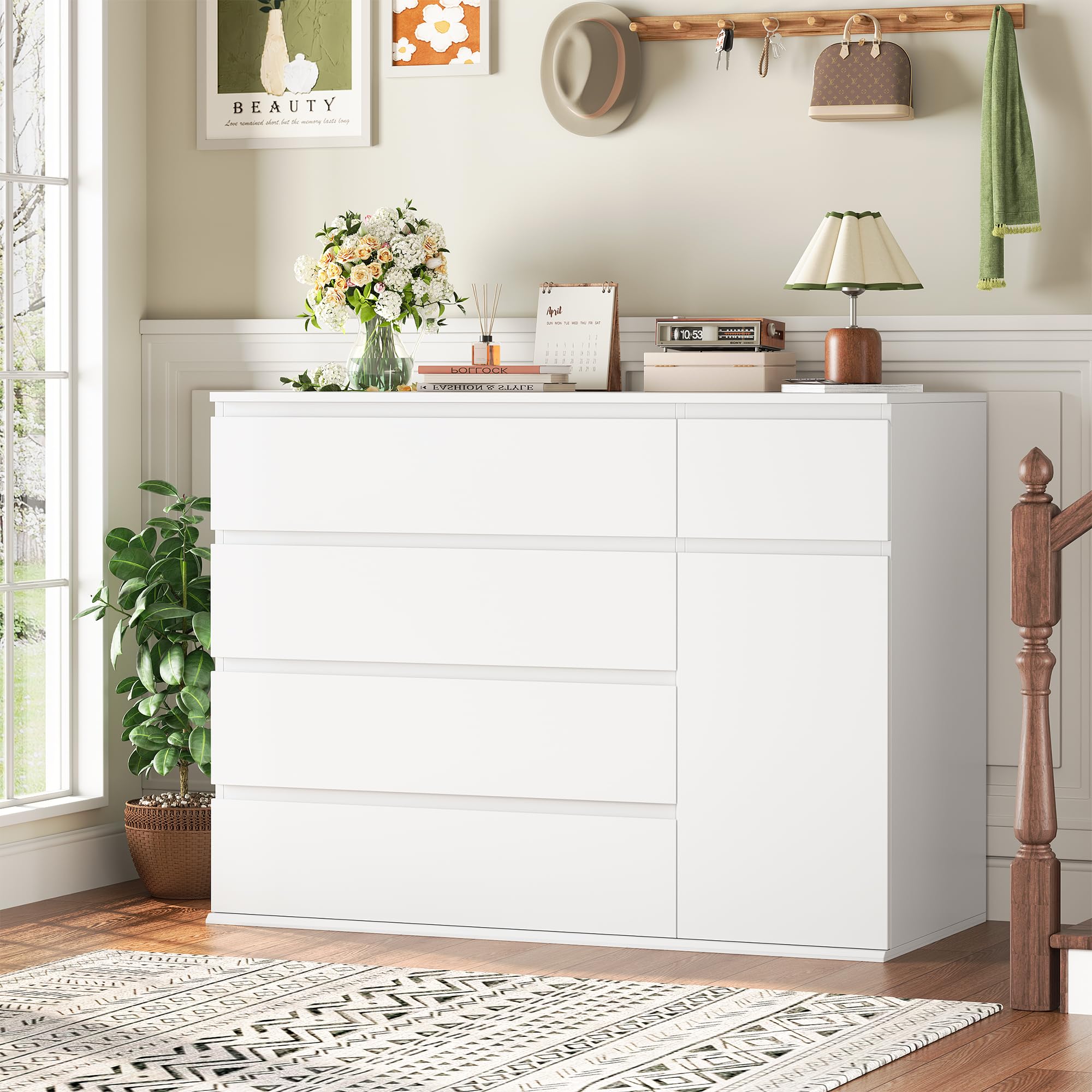 White Dresser with Deep Drawers and Door Storage