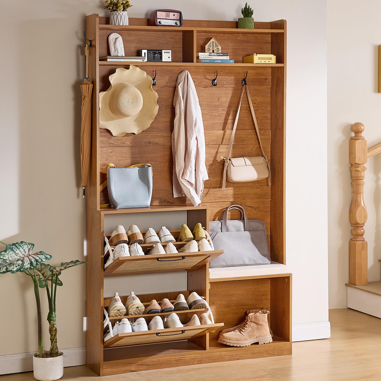 Boho Hall Tree with Bench & Shoe Storage
