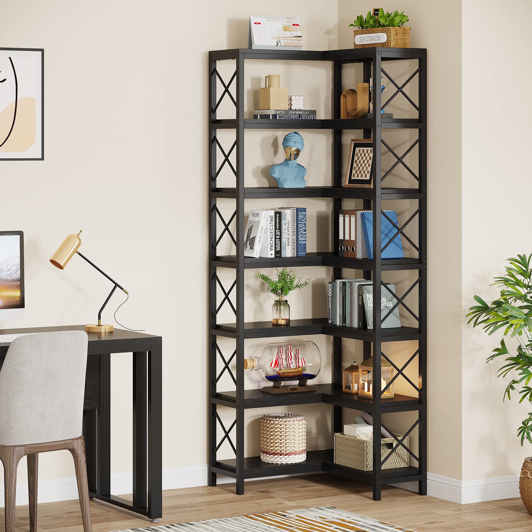 7-Tier Corner Bookshelf with Metal Frame