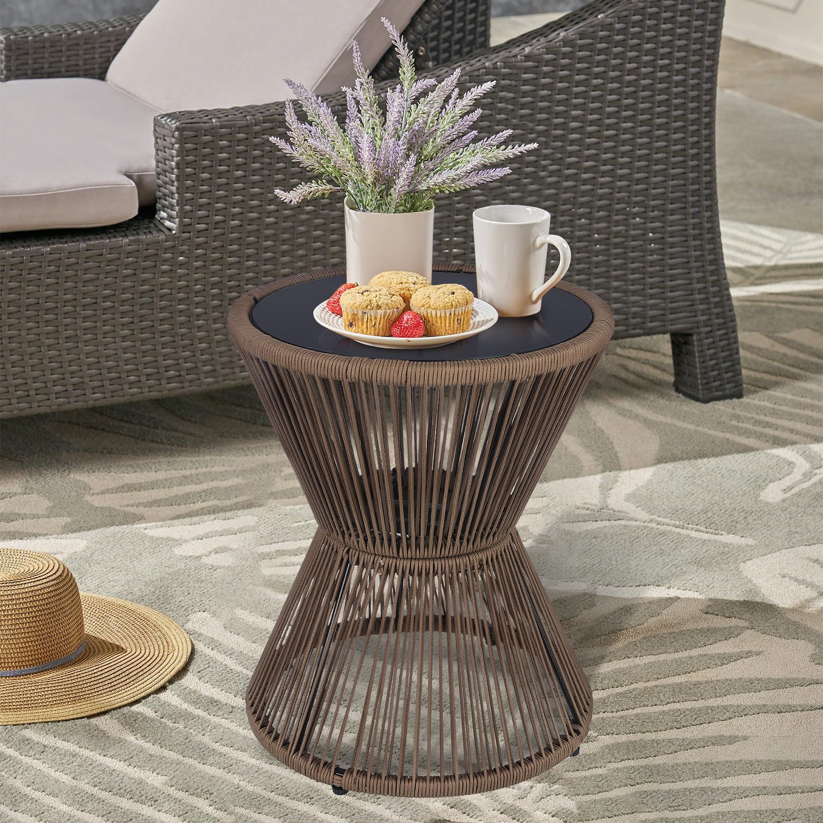 Woven Rope Side Table with Glass Top