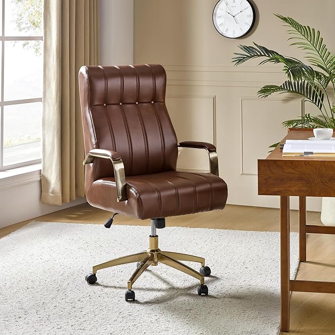 Executive Office Chair with Tufted Faux Leather and Gold Base