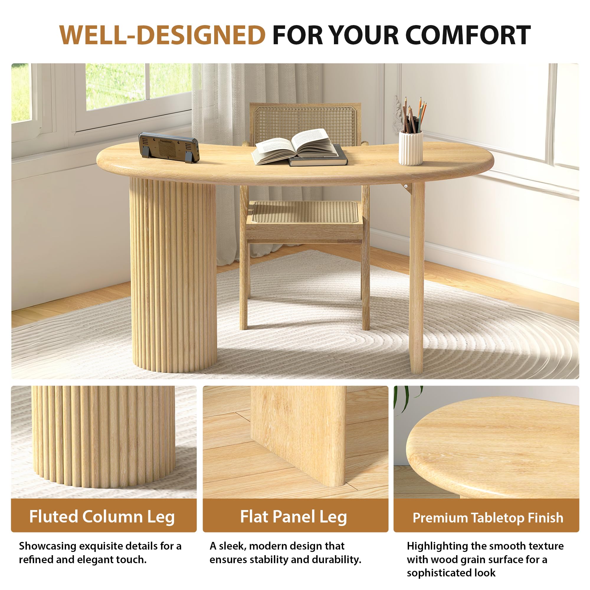 54.3" Curved Computer Desk with Fluted Legs