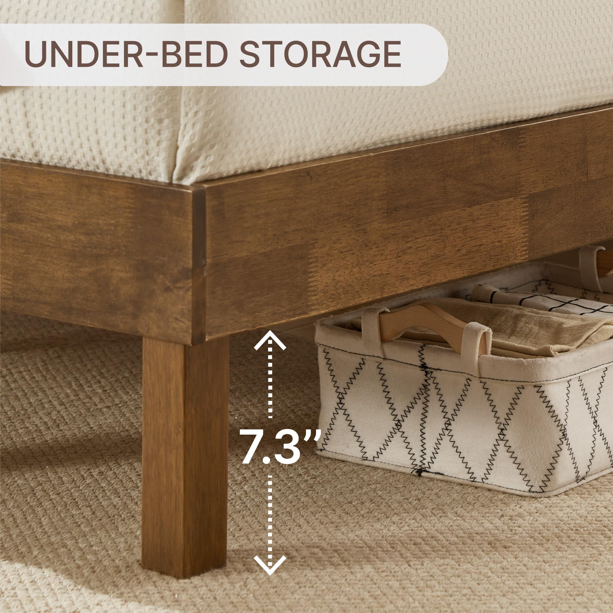 Wood Bed Frame with Upholstered Headboard Queen Size