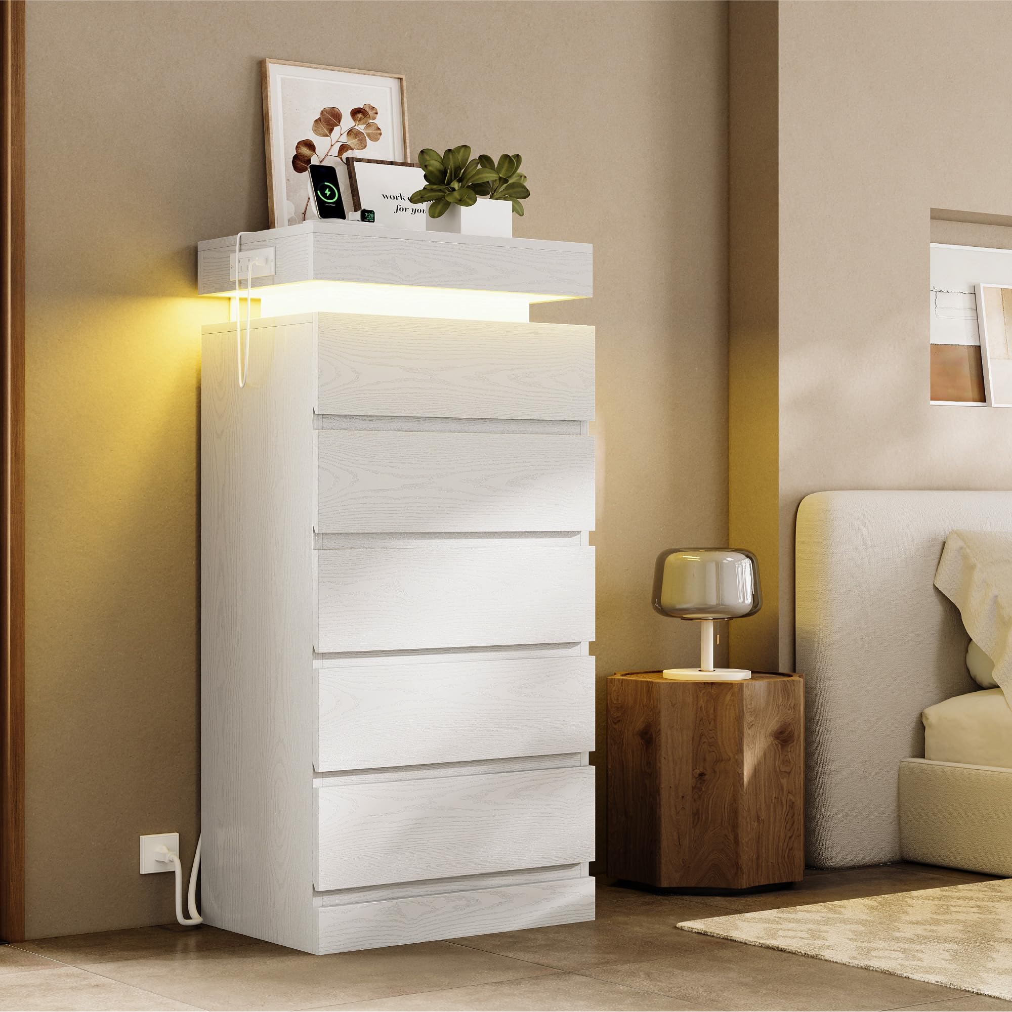 5-Drawer Tall Dresser with LED Lights and Charging Station