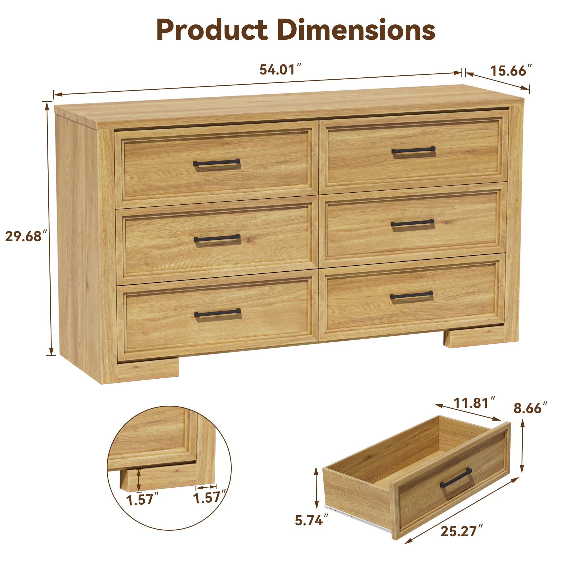 6 Drawer Dresser with Metal Handle - Natural Oak