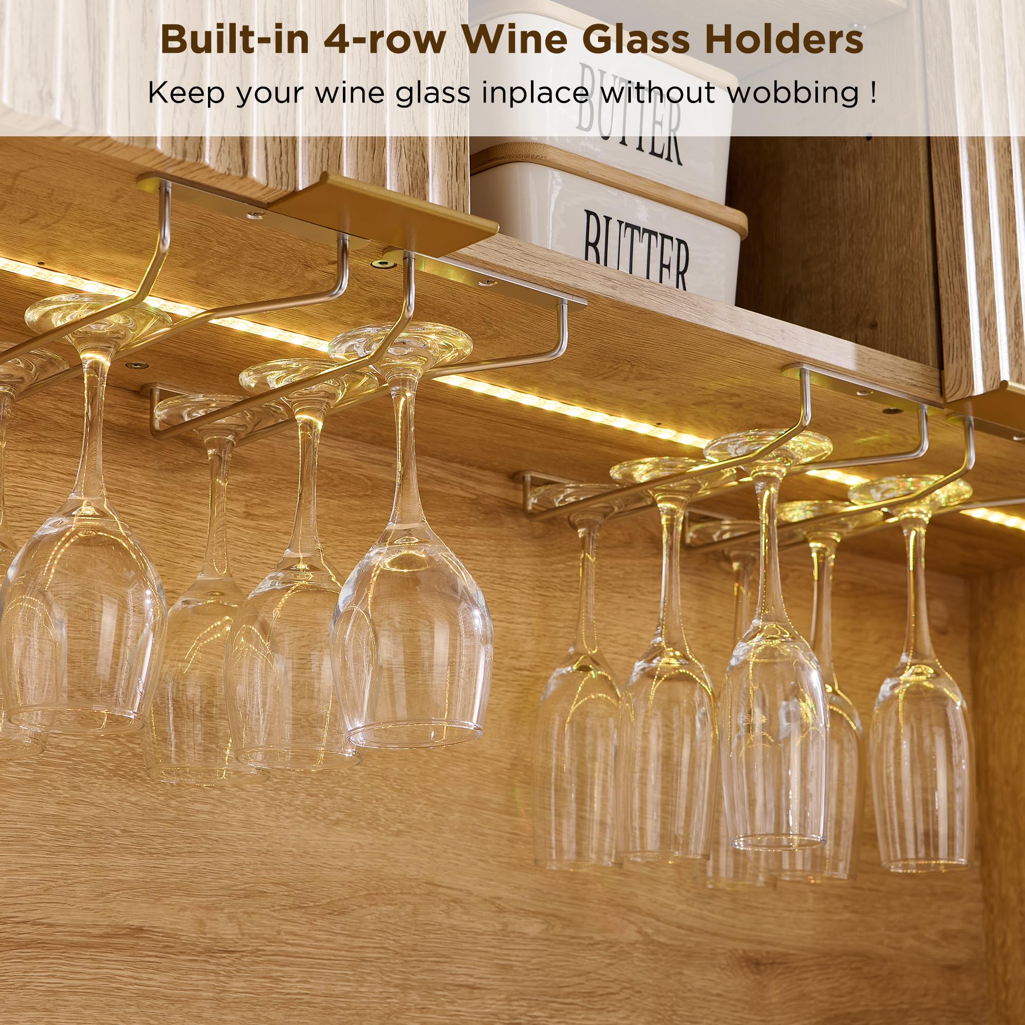 72" Tall Wine Bar Cabinet with Storage Hutch and LED Lights