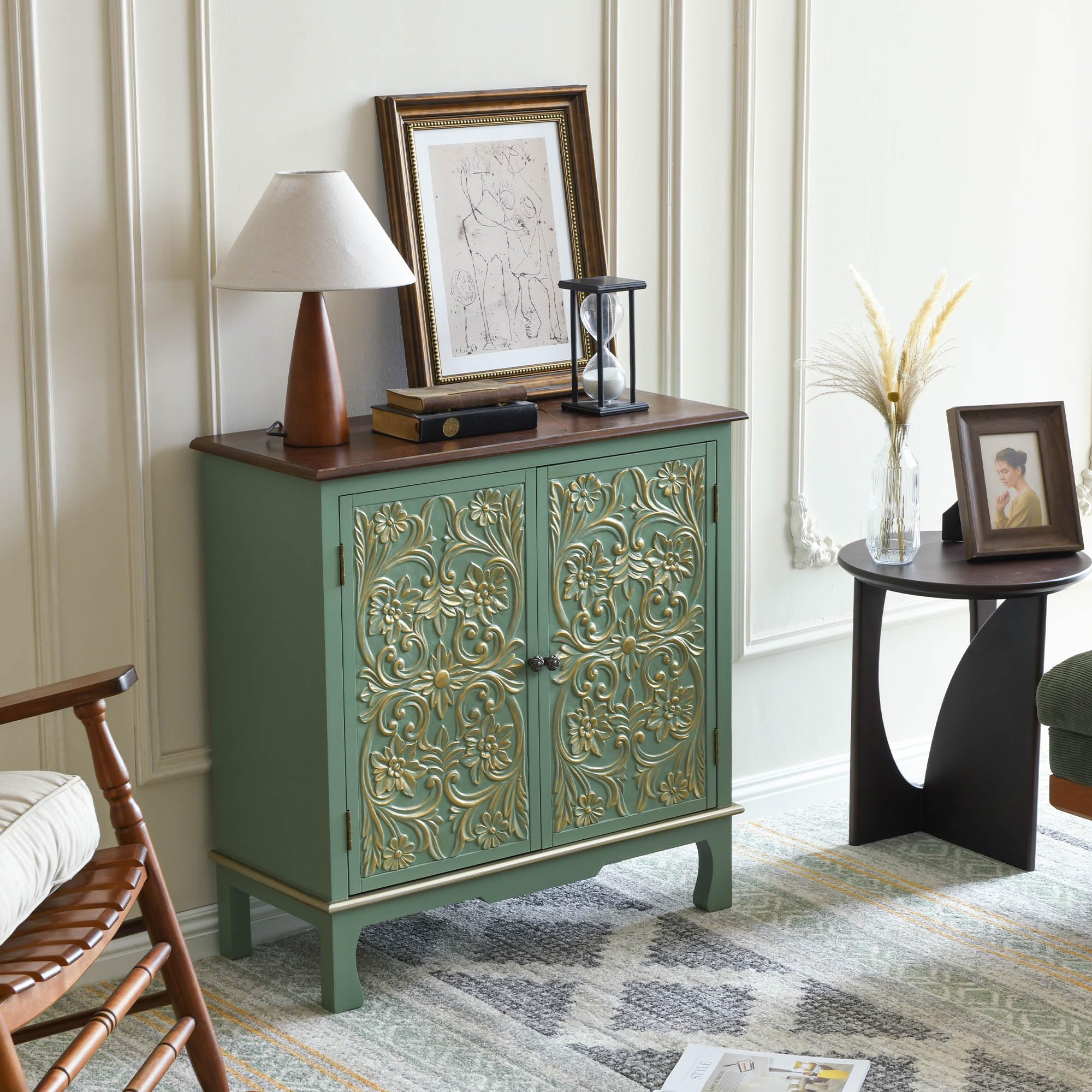 Vintage Green Storage Cabinet with Gold Accents