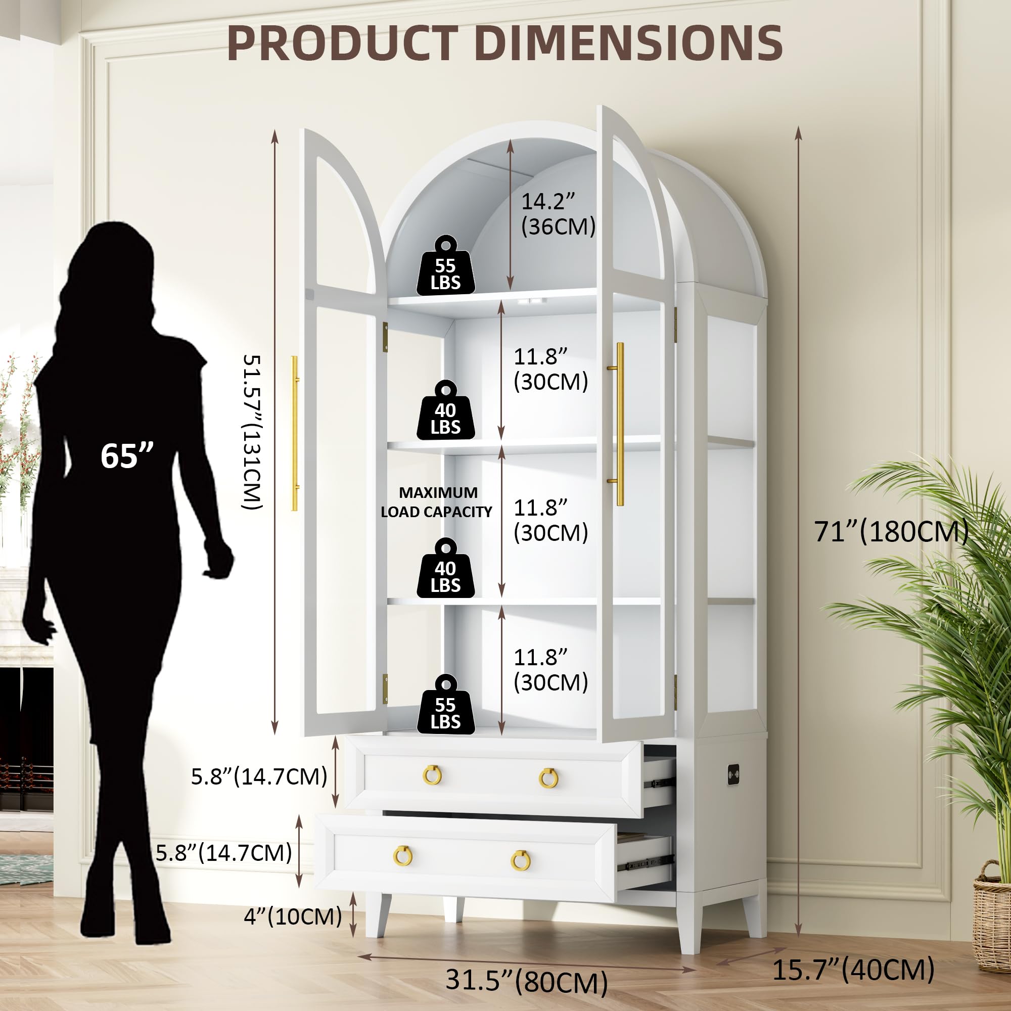 Arched Glass Display Cabinet with LED Lights