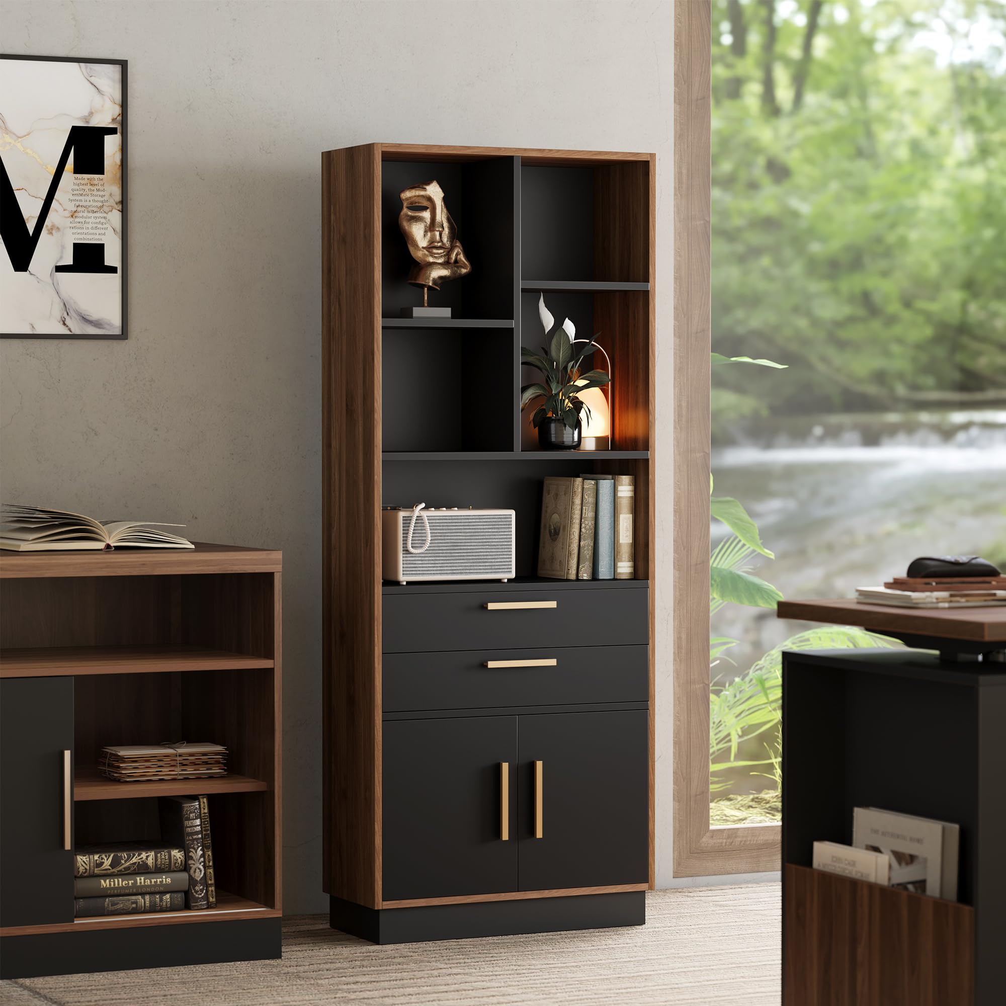 Wood Bookcase with 2 Drawers and Doors