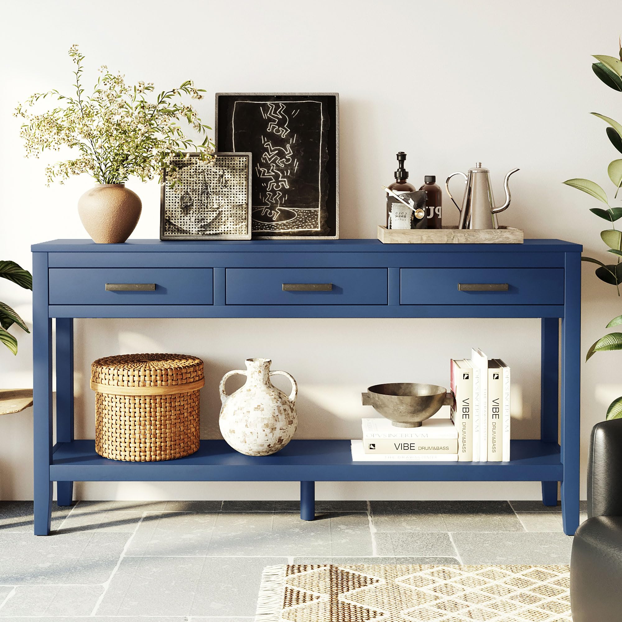 Contemporary Rectangular Console Table with Shelf and Storage Drawers