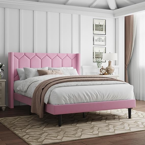Pink Velvet Upholstered Full Bed Frame