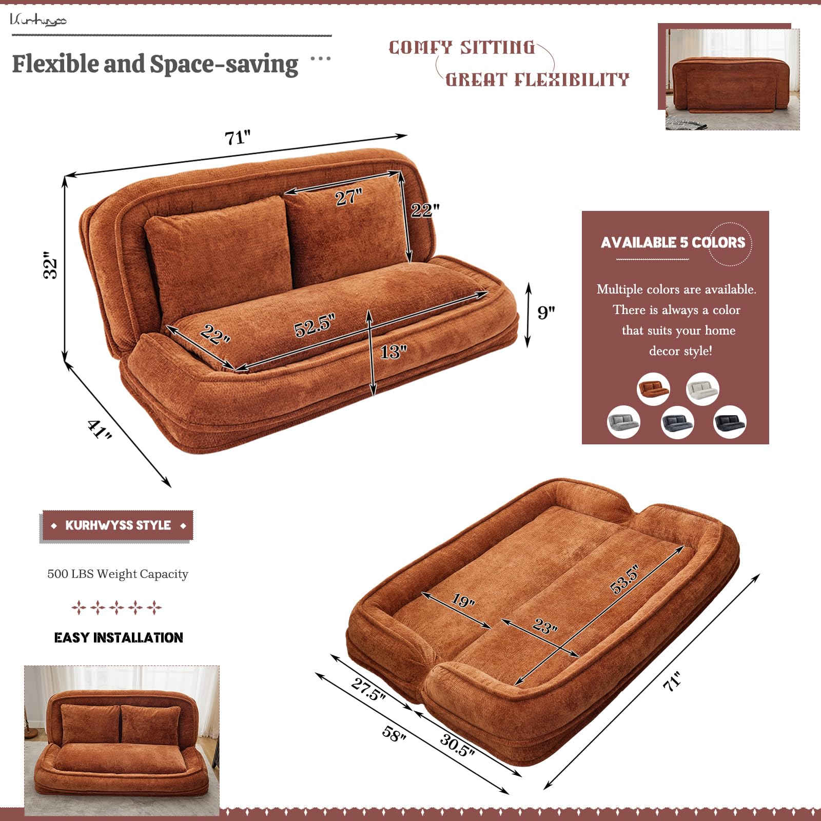 Convertible Floor Sofa Bed with Adjustable Backrest