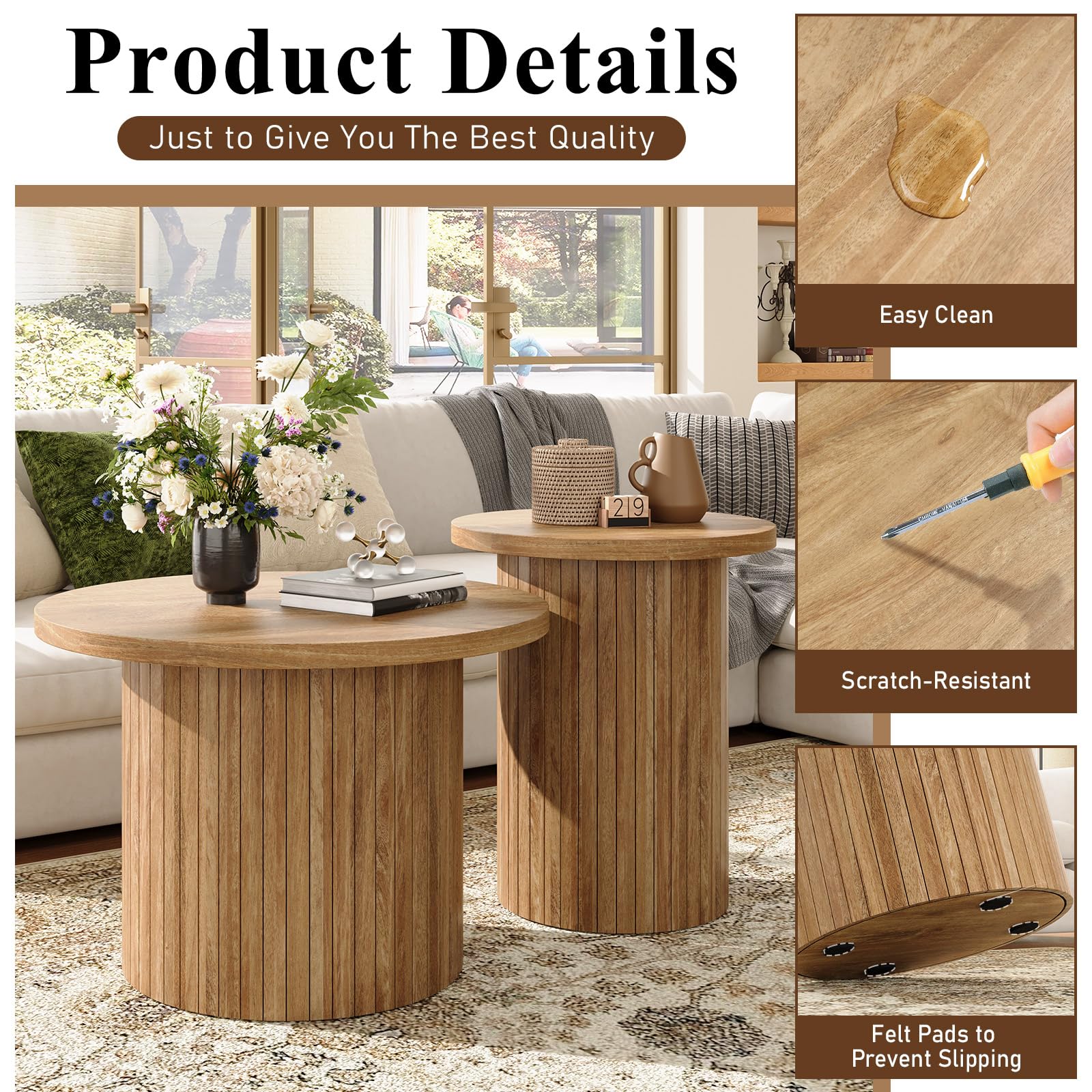 Nesting Coffee Table Set of 2 Mid Century Modern Round Wood Slat Side Tables