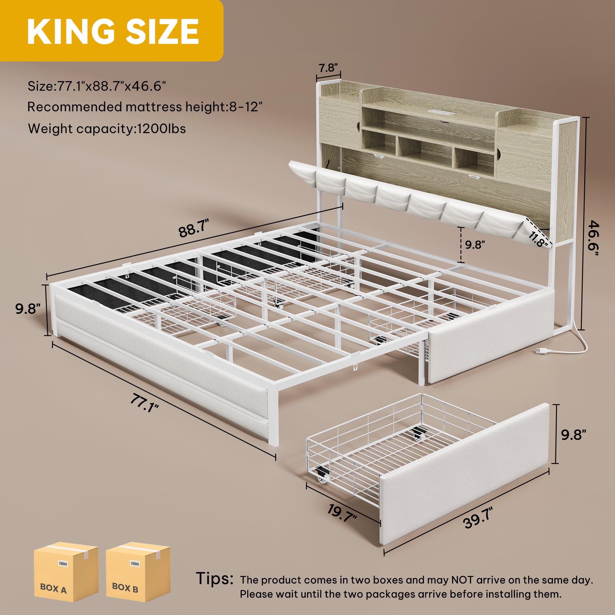 King Size Bed Frame with RGB LED Lights and Storage Headboard