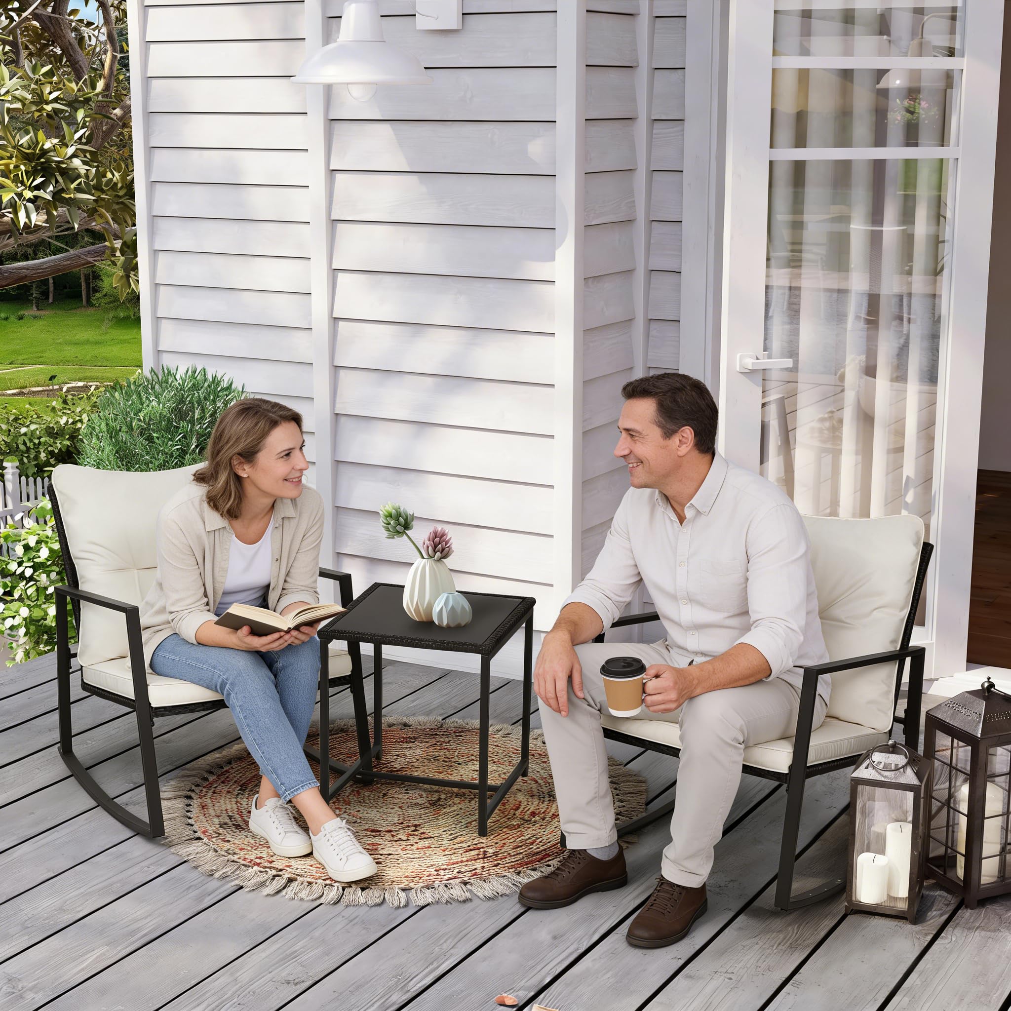 3-Piece Outdoor Rocking Bistro Set with Glass Coffee Table