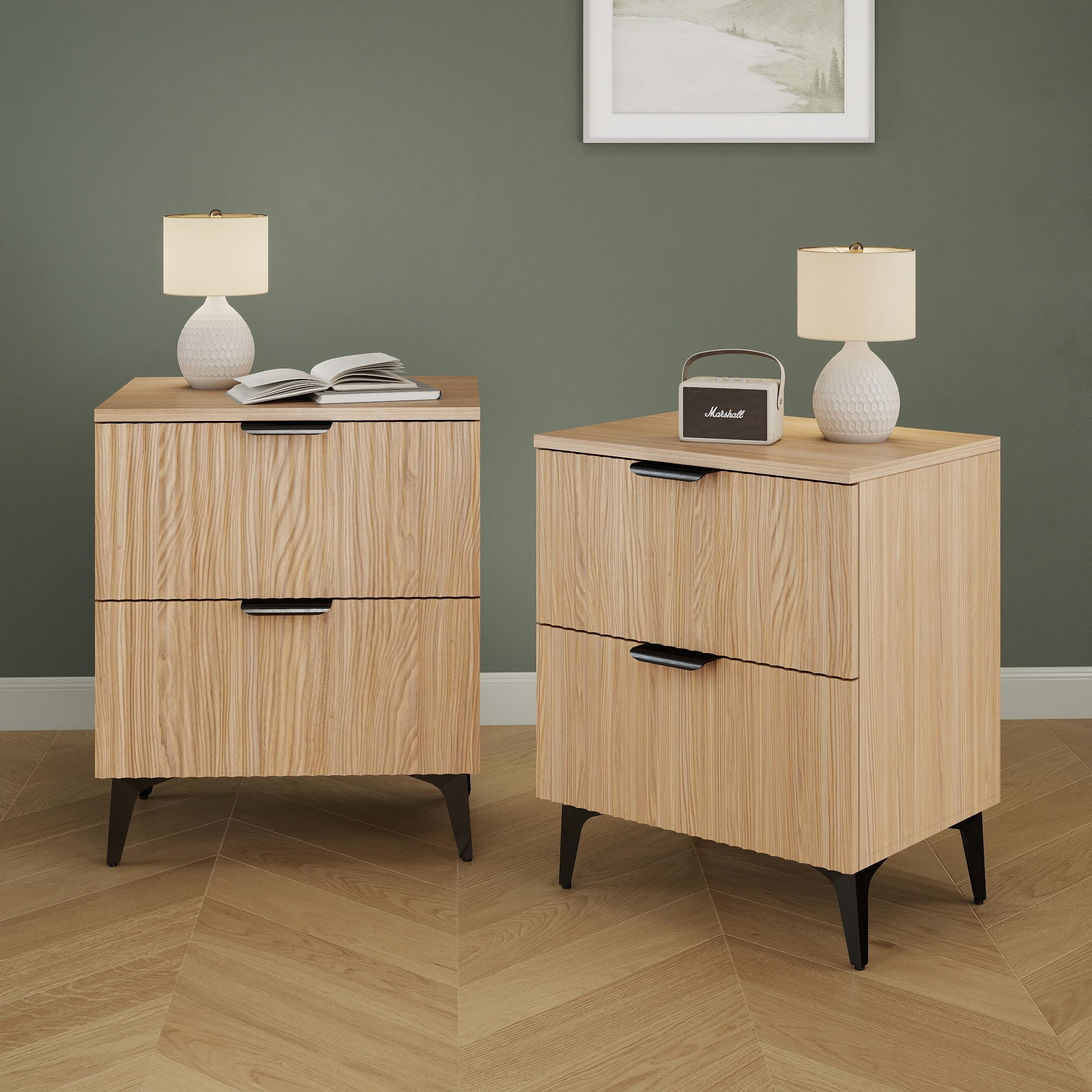 GRAINLLE Wood Night Stand Set 2 Fluted Dresser for Bedroom 2 Drawers End Tables Nightstands Set of 2, Storage Modern Bedside Table Set of 2, Oak Nightstand