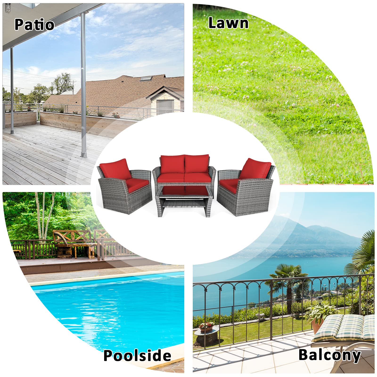 4-Piece Patio Rattan Furniture Set with Glass Coffee Table