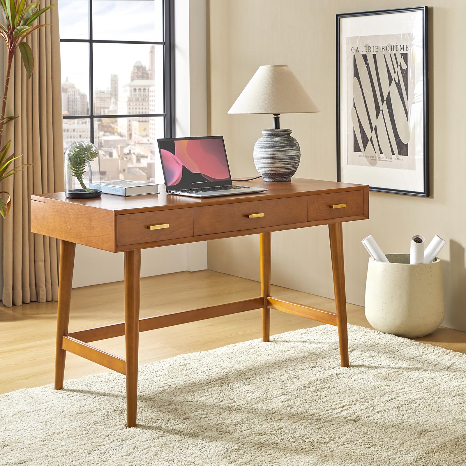 Mid-Century Modern Writing Desk with 3 Drawers and USB Charging