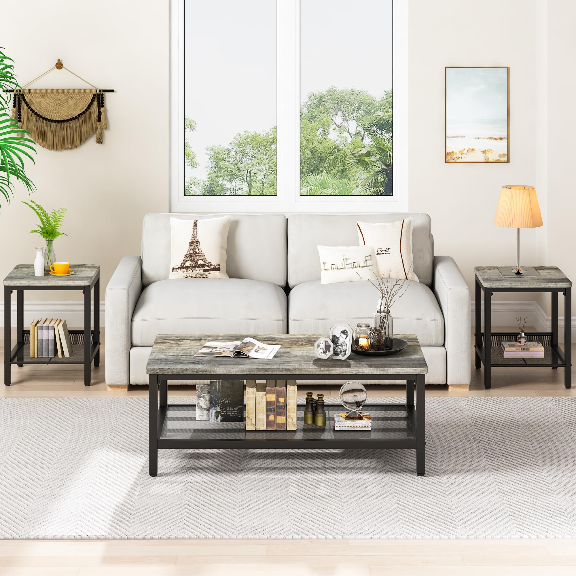 3-Piece Industrial Coffee Table Set with Square End Tables