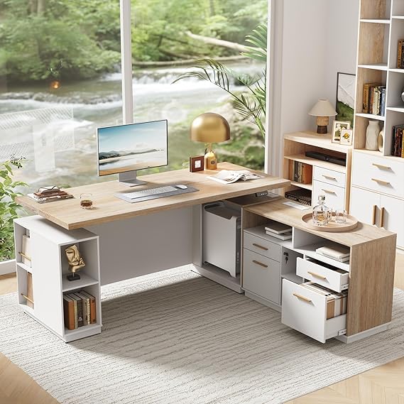 71" L-Shaped Standing Desk with File Cabinets