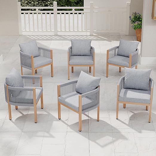DAYARUS Patio Dining Chairs Set of 6, Rope Rattan Patio Furniture Set, All Weather Outdoor Dining Chairs with Cushions, Metal Barrel Dining Room Chair, Modern Kitchen Chair for Balcony/Porch, Beige