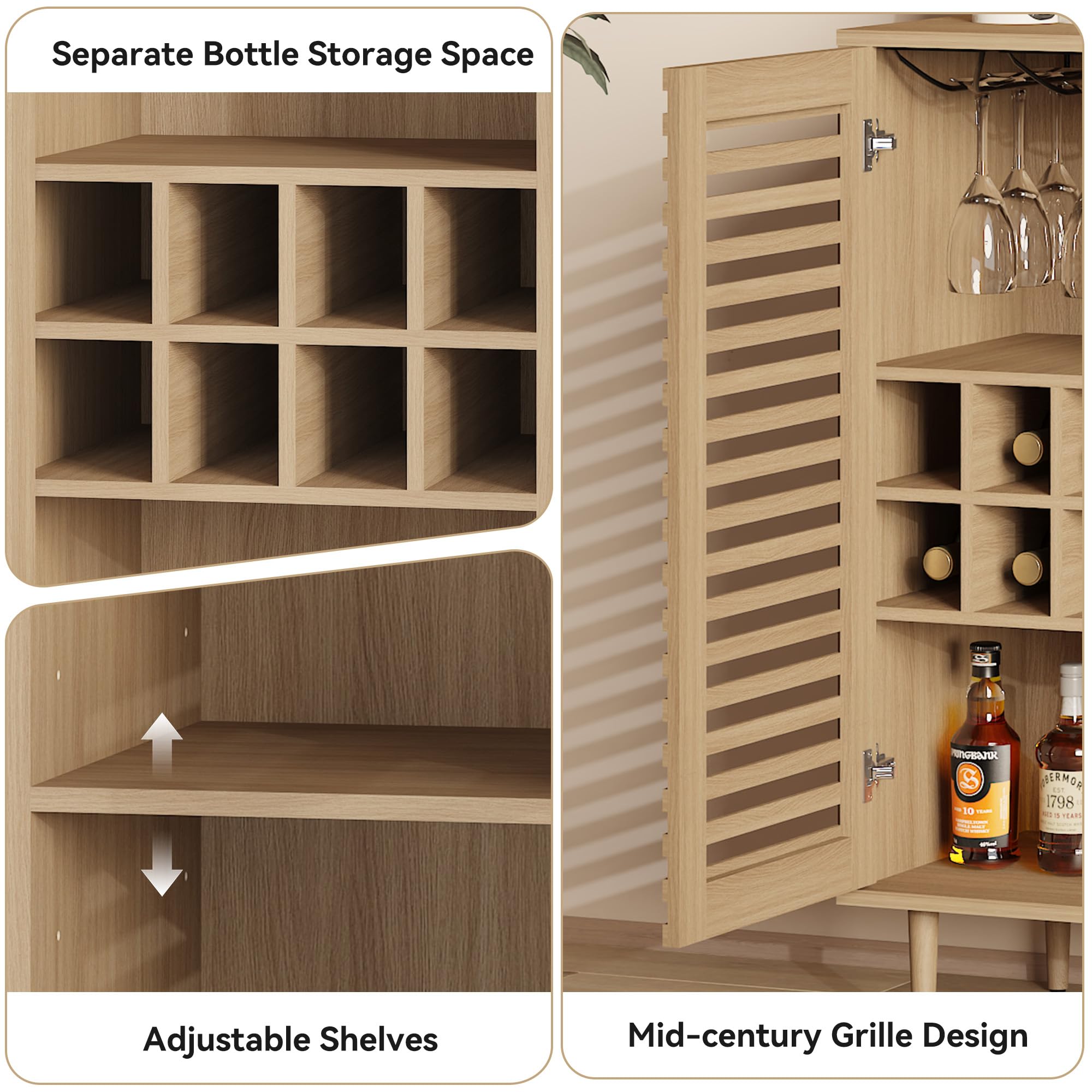Mid Century Bar Cabinet with Wine Racks and Slatted Doors