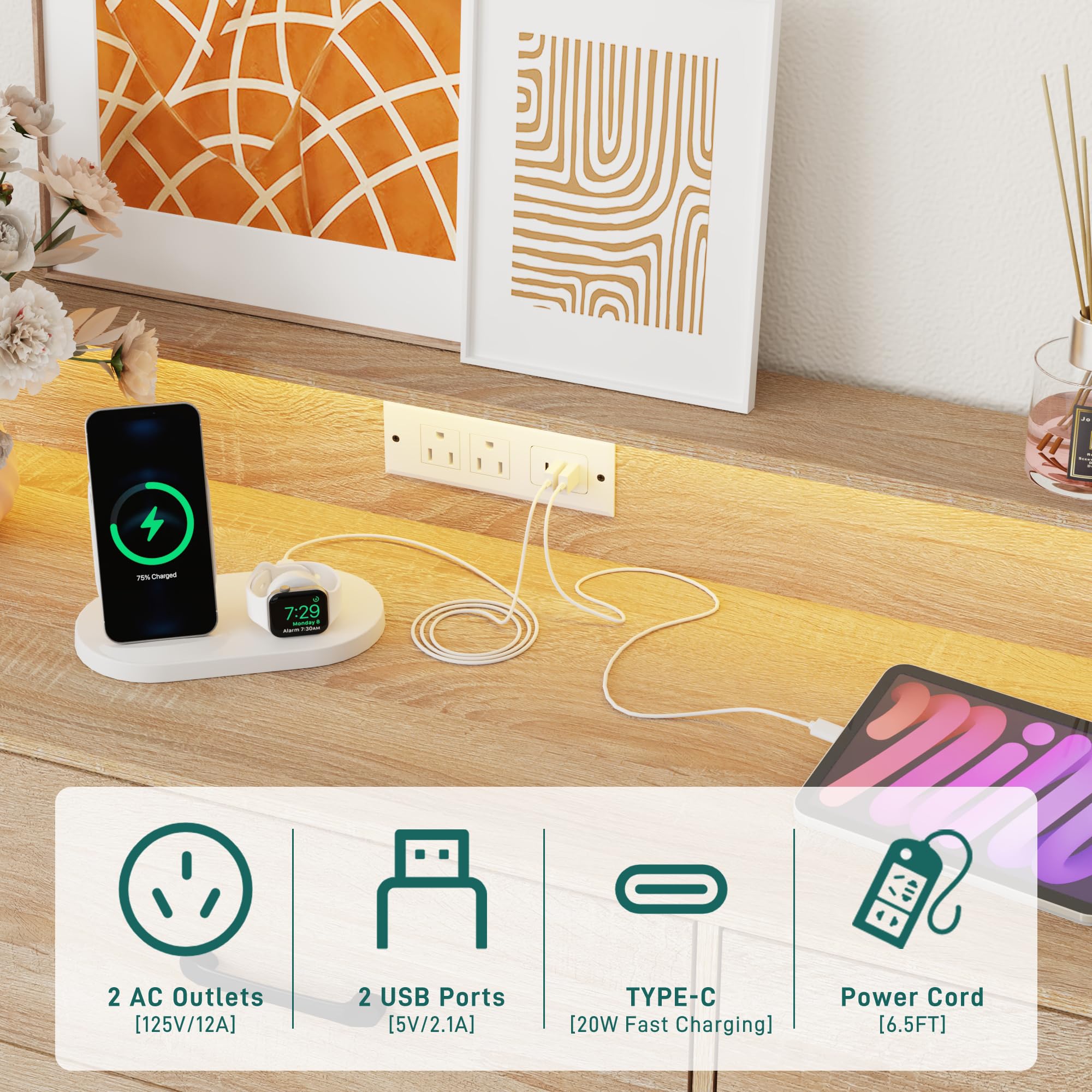 63 Inch Wood Dresser with 9 Drawers and Power Outlet