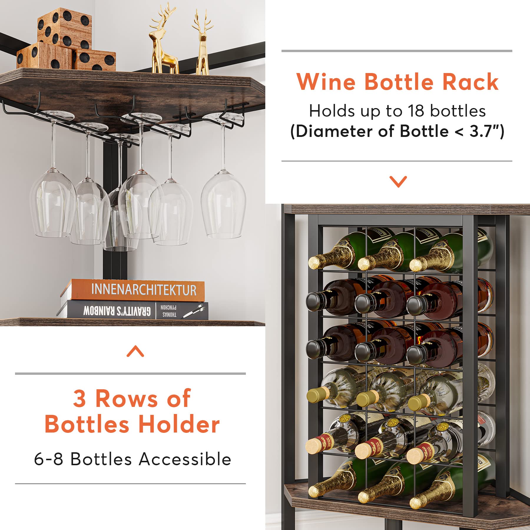 Corner Wine Rack with Glass Holder and Storage Shelves