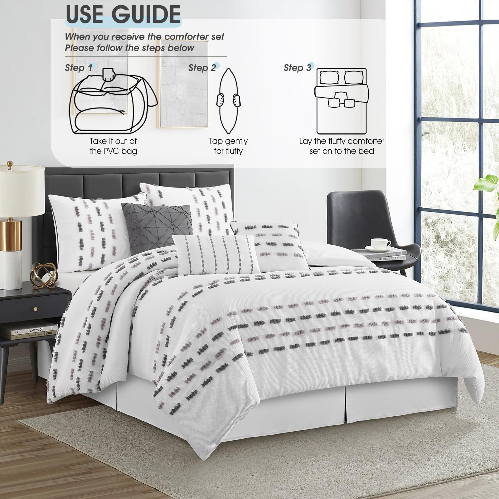 7 Piece Queen Comforter Set with Striped Design