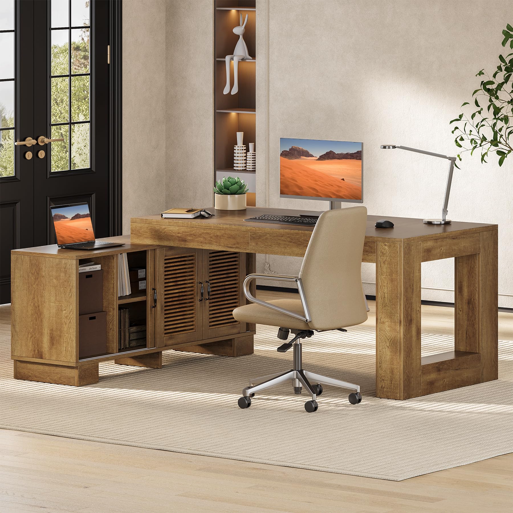 L-Shaped Executive Desk with File Cabinet