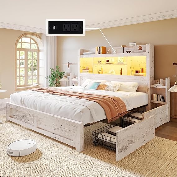 King Bed Frame with Bookcase Headboard and Storage Drawers