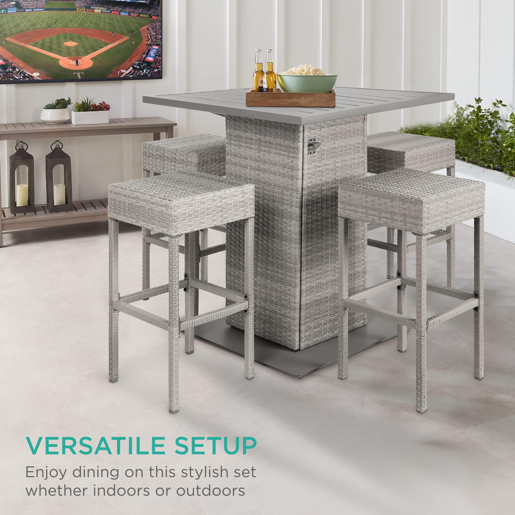 5-Piece Outdoor Wicker Bar Table Set with Storage