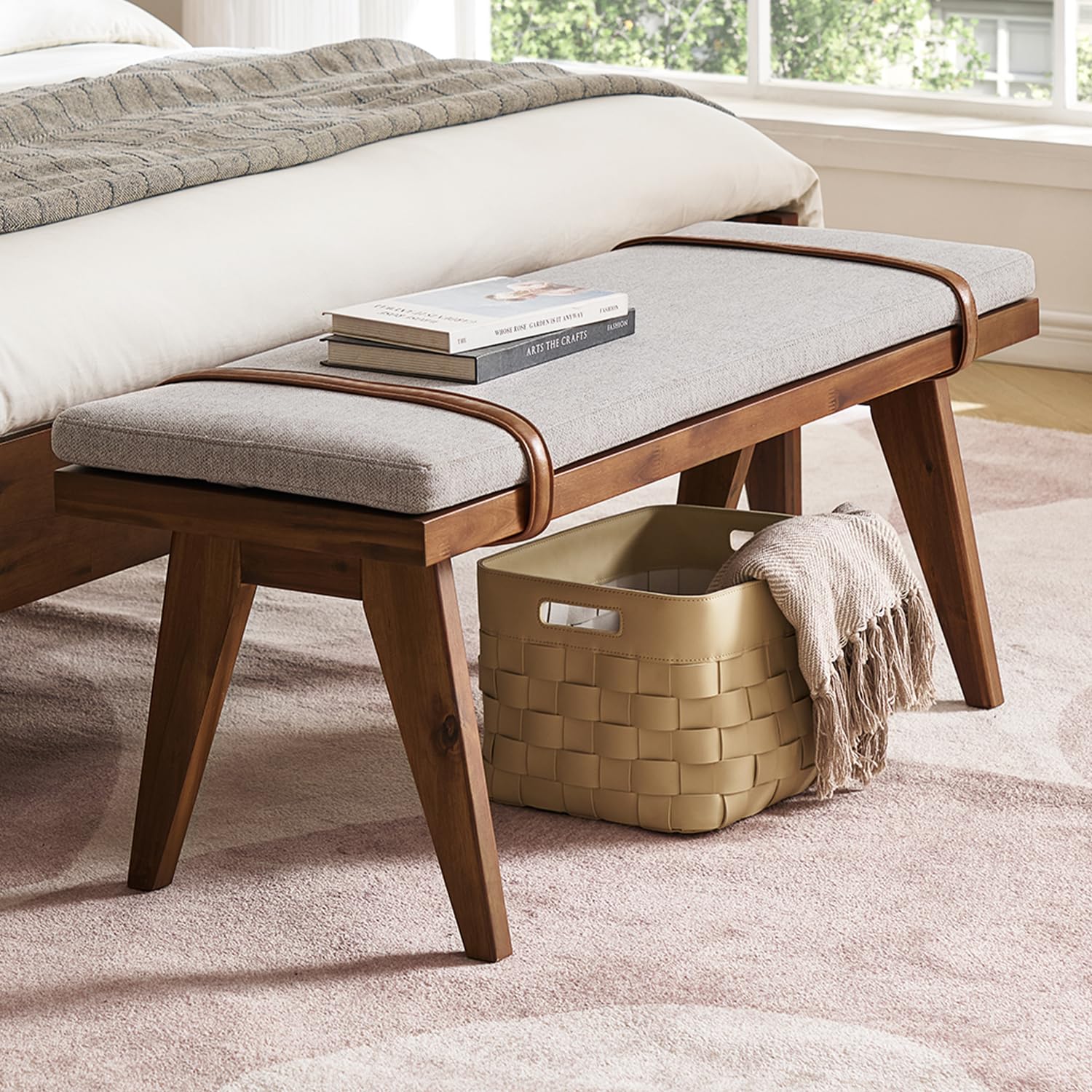 Mid-Century Modern Wood Bench with Removable Cushion