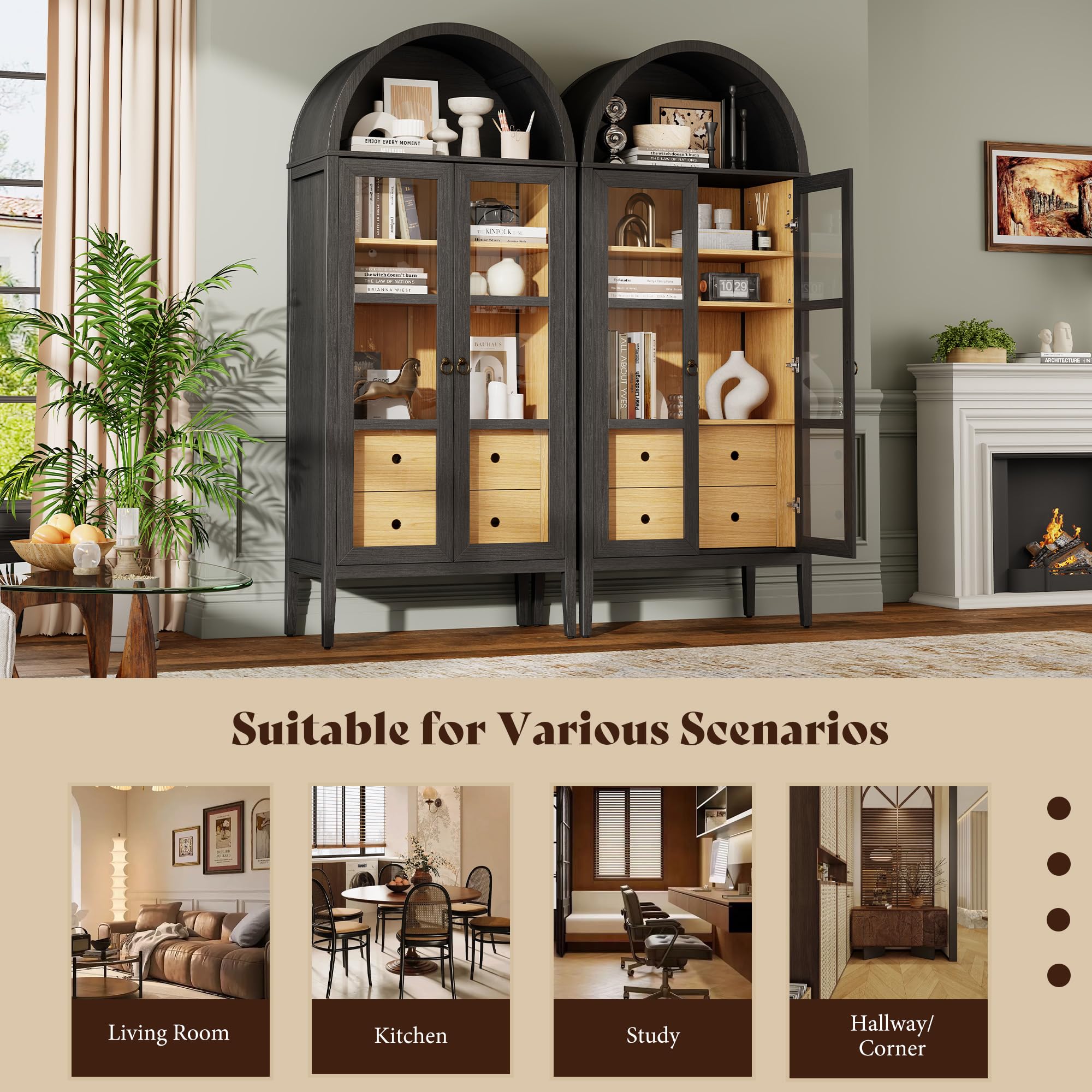 Tall Arched Storage Cabinet with Glass Doors