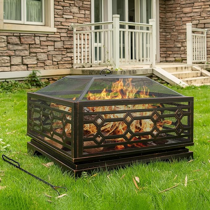 26 Inch Square Wood Burning Fire Pit with Mesh Cover