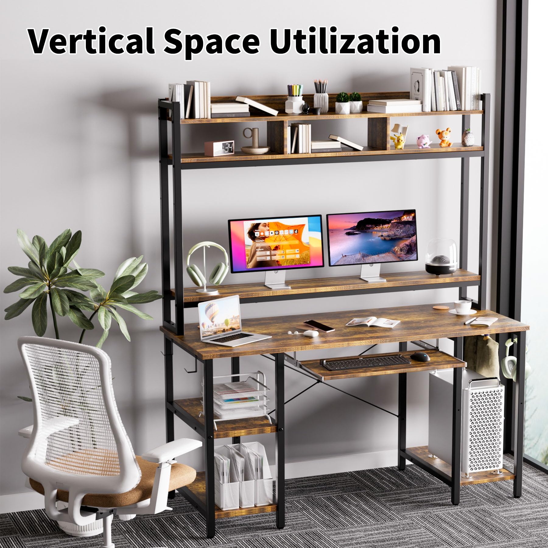 Computer Desk with Hutch and Keyboard Tray - 70 inch High