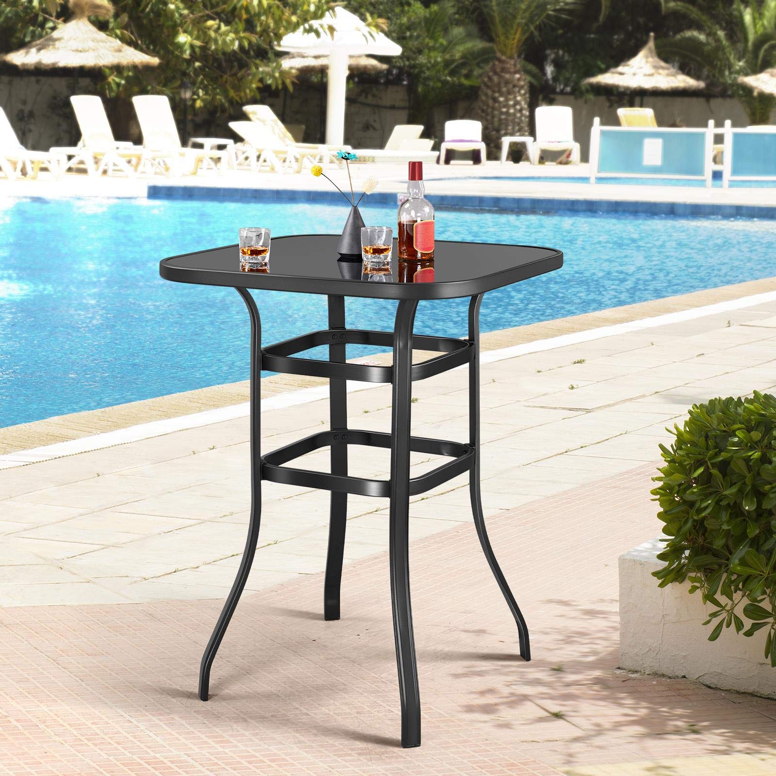 Patio Bar Table Tempered Glass Square Black