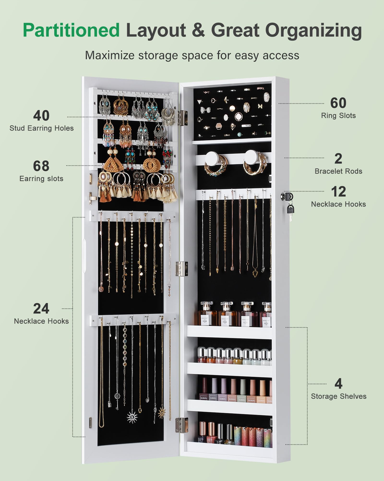 Wall Mounted Jewelry Armoire with Full Length Mirror