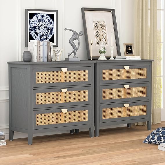 Rattan 3 Drawer Dresser - Modern Wood Chest with Storage