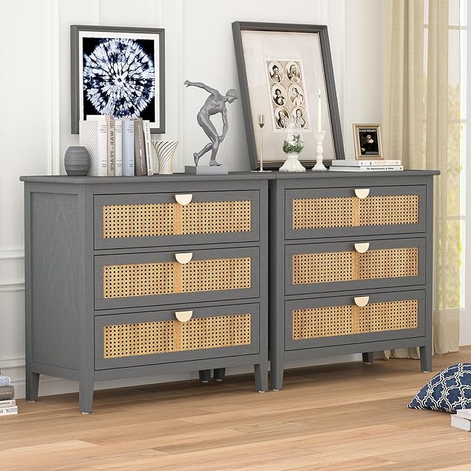 Rattan 3 Drawer Dresser with Storage Cabinet