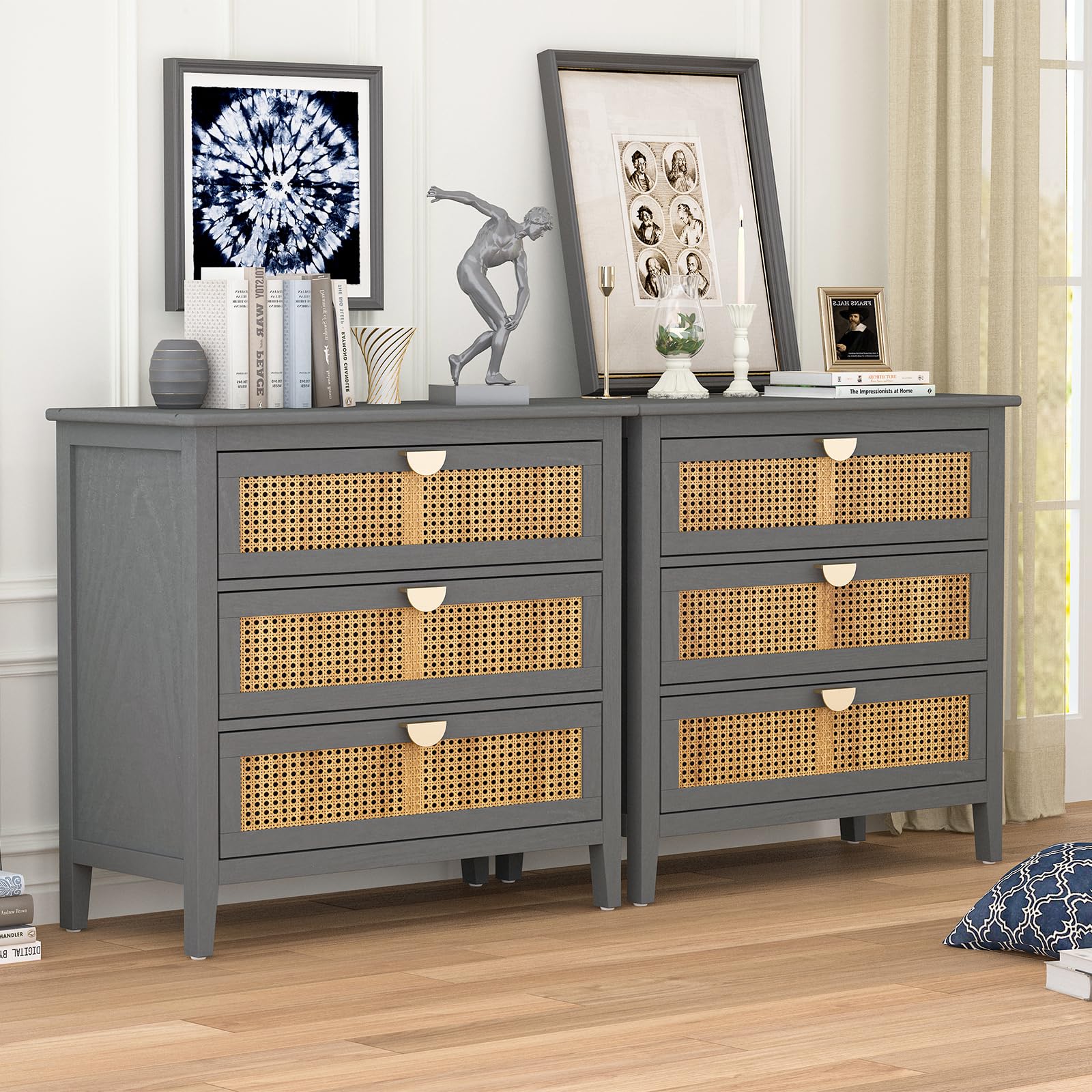Rattan 3 Drawer Dresser with Storage Cabinet