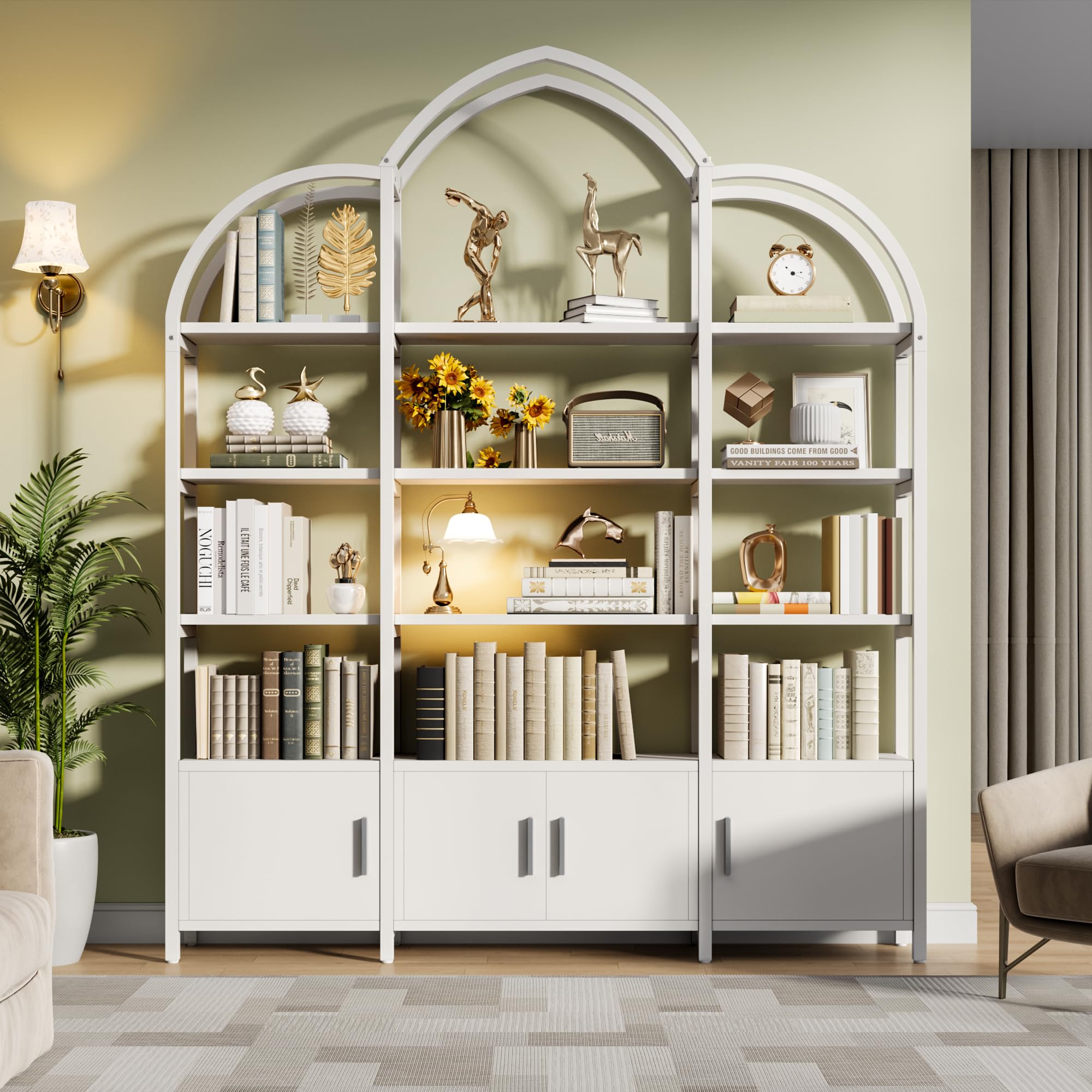 Tall Arched Bookshelf with 3 Cabinets - Triple Wide 5 Tier Industrial Etagere