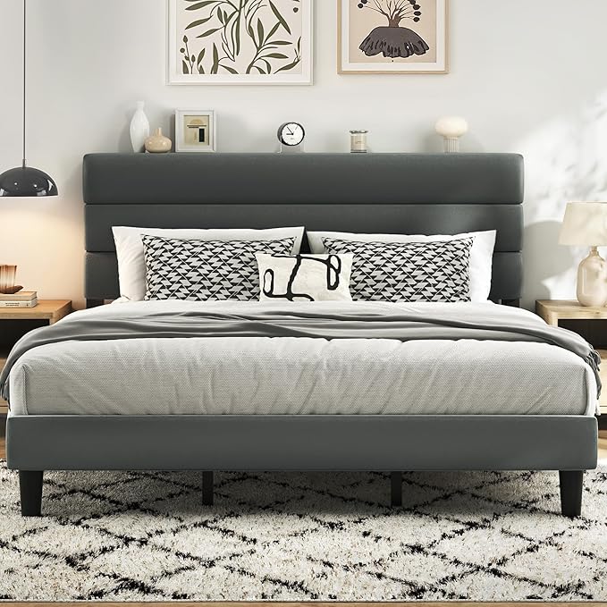 Queen Platform Bed Frame with Velvet Upholstered Headboard