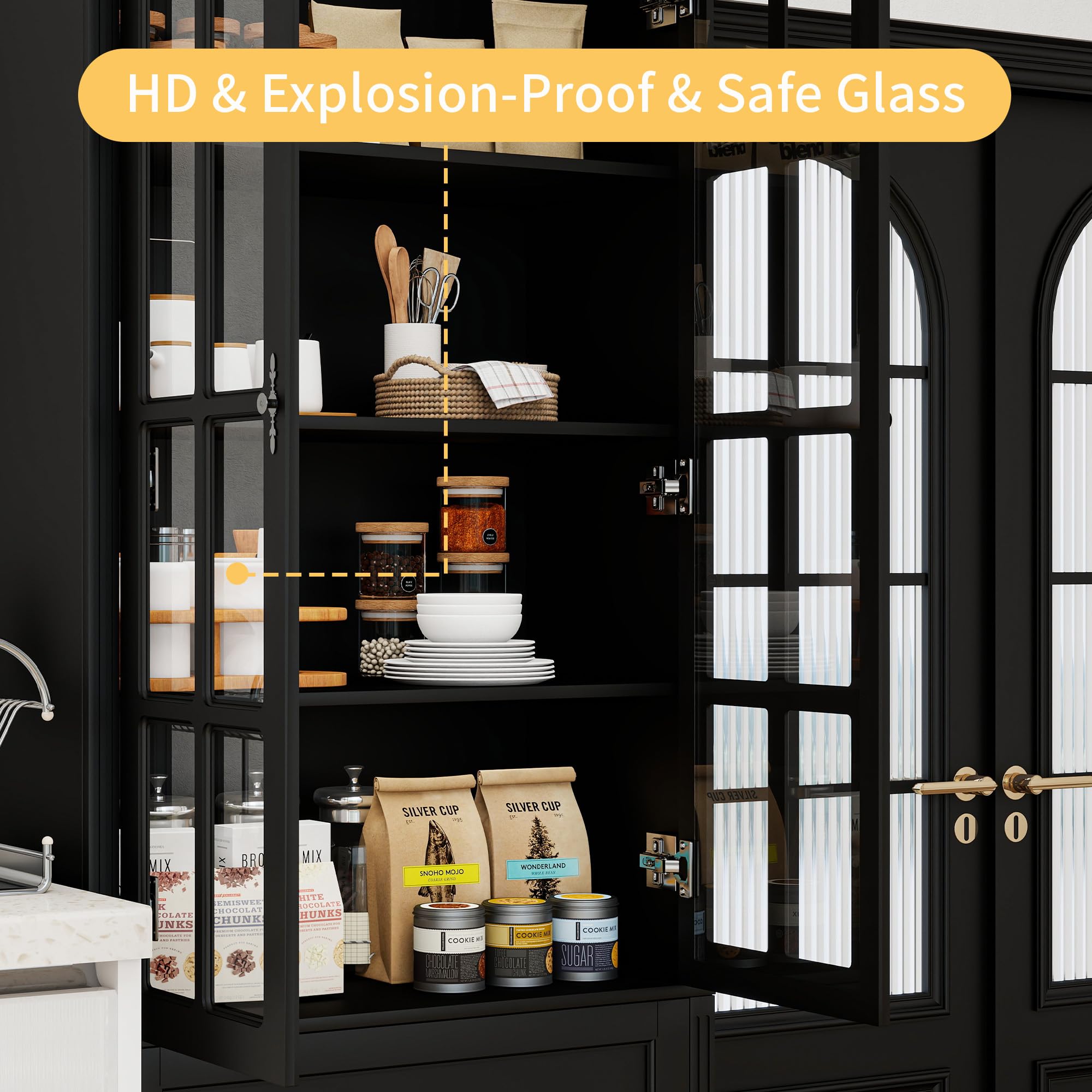 Tall Storage Cabinet with Glass Doors and Drawers