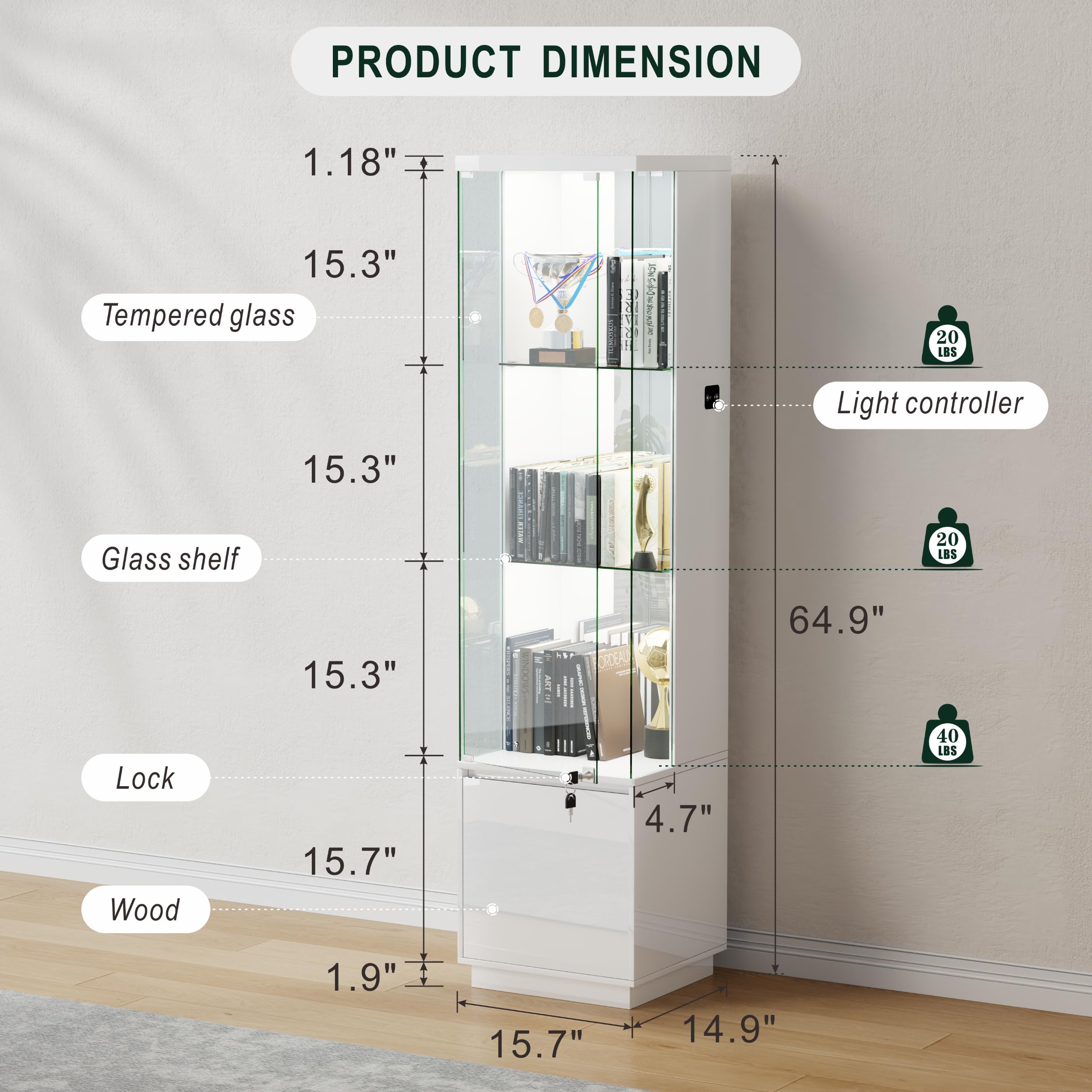 Lockable Curio Display Cabinet with LED Lights 65"