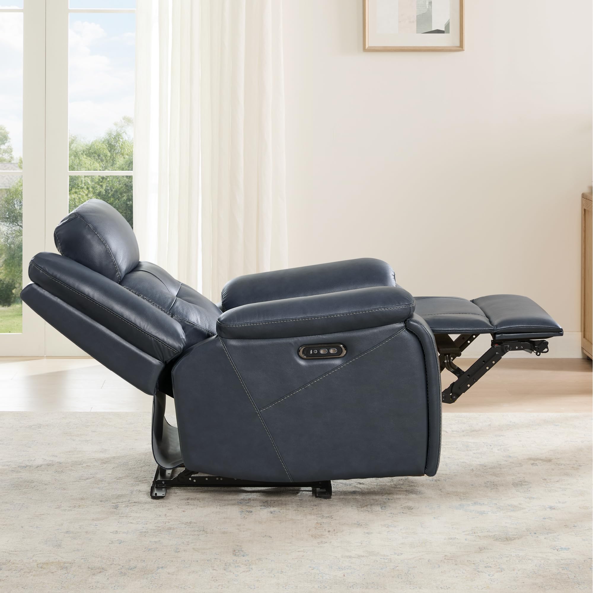 Watson & Whitely Genuine Leather Power Recliner Chair for Adults, Wall Hugger Recliner with Power Headrest, Cup Holders & Charging Ports, Electric Reclining Chairs for Living Room, RV, Navy Blue