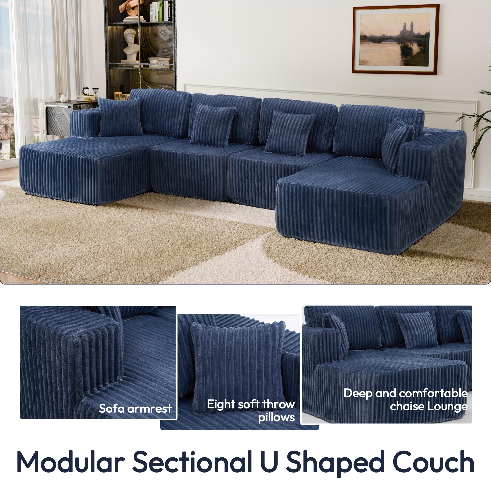 U-Shaped Modular Sectional Sofa with Chaise - Blue Corduroy