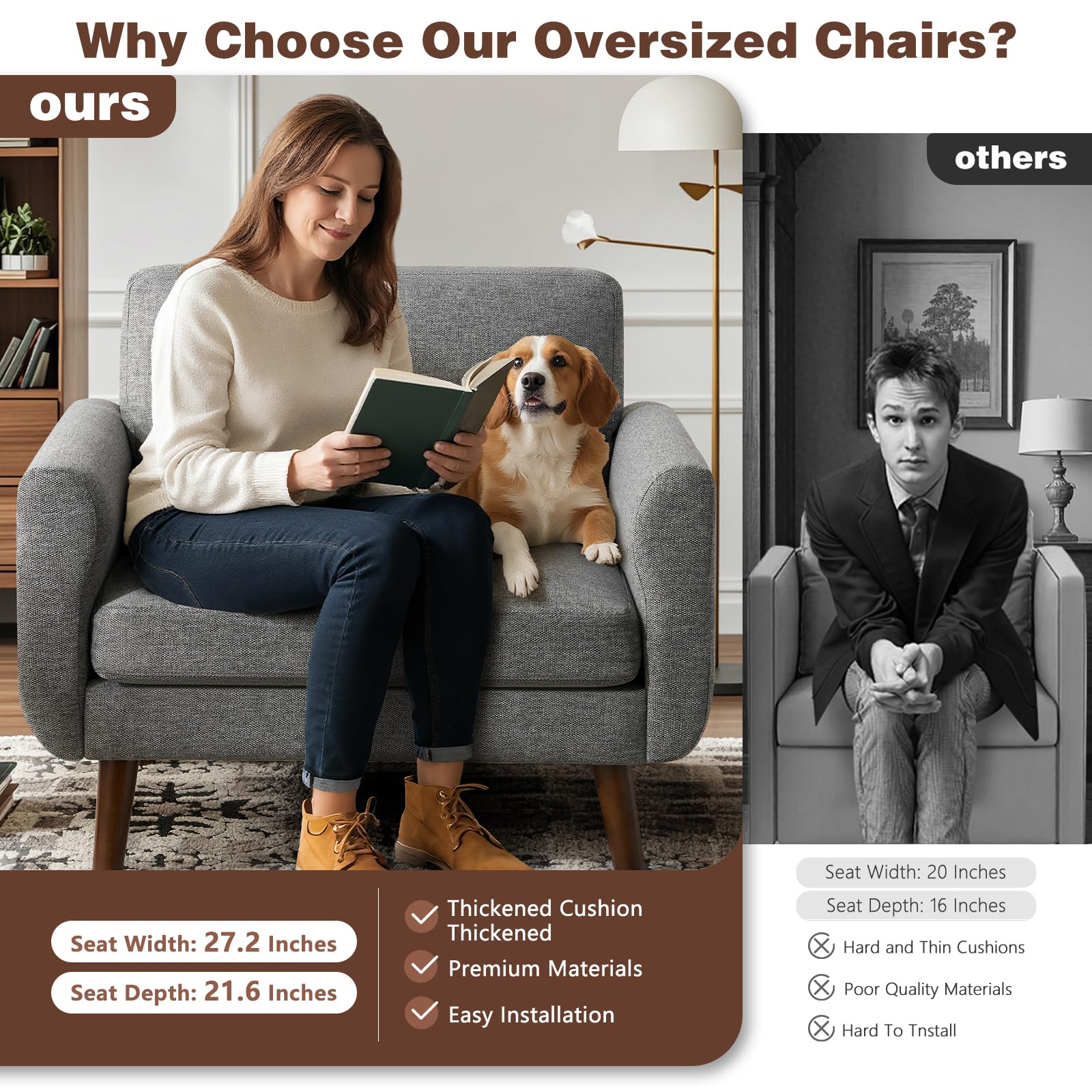 ELUCHANG Accent Chairs Set of 2, Oversized Mid Century Modern Arm Chair, Soft Linen Fabric Sofa Chairs Upholstered Comfy Chair for Living Room Bedroom Apartment (Grey)