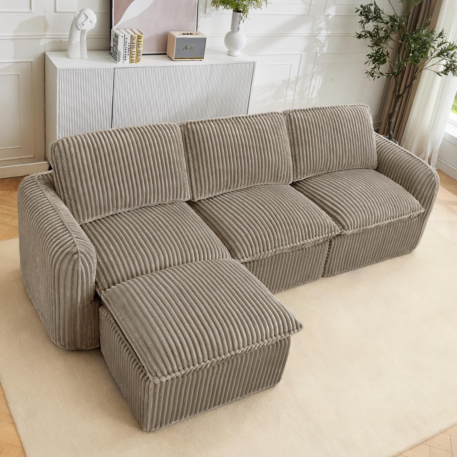 110'' Boneless Modular Cloud Couch for Living Room, Comfy Cloud Modular Sectional Couch with Ottoman, Convertible L Shaped Couches for Apartment, Dorm, No Assembly Required, Camel Corduroy